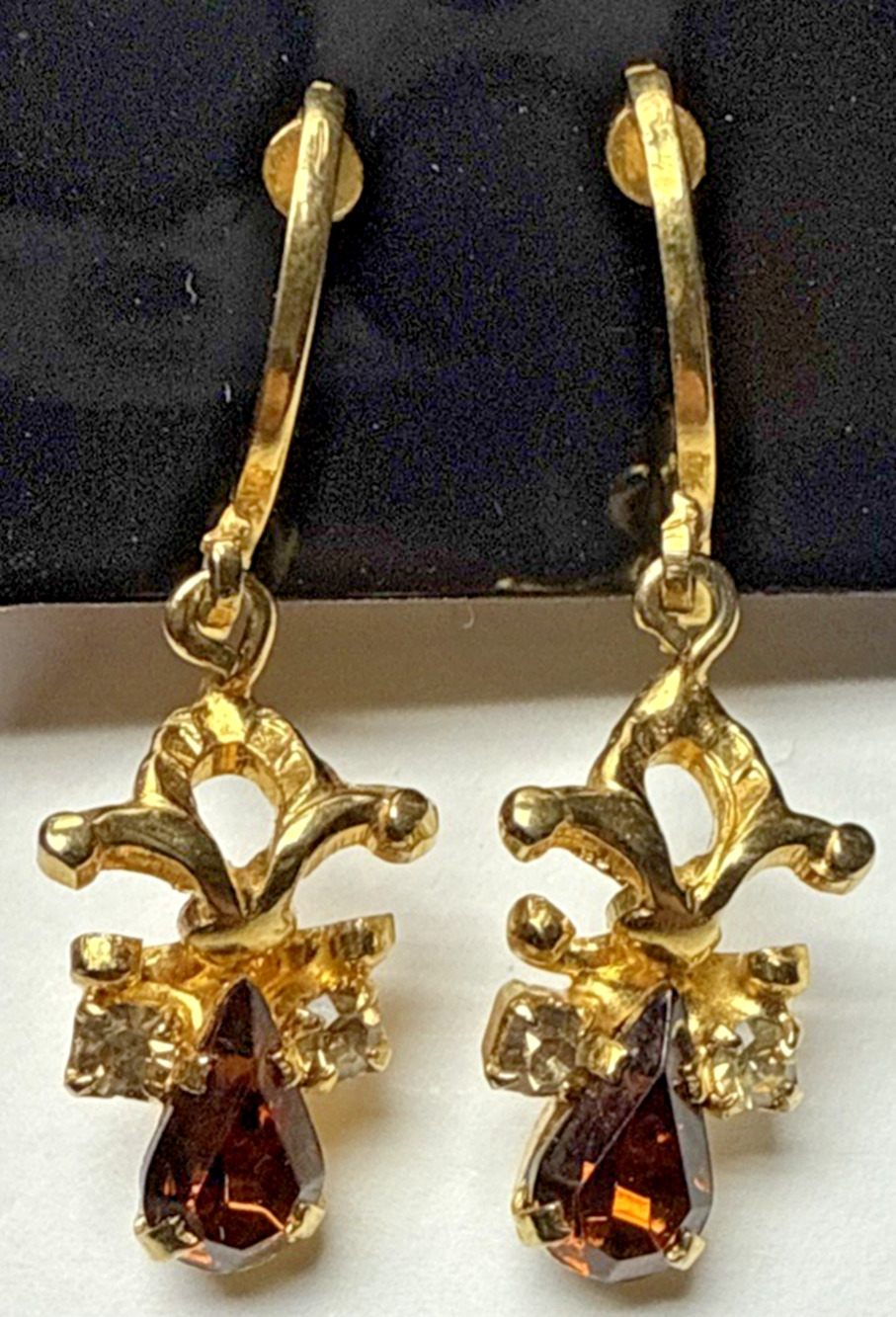 Vintage Austria Clip On Earrings Dangle Rhinestone Clear Brown Angel